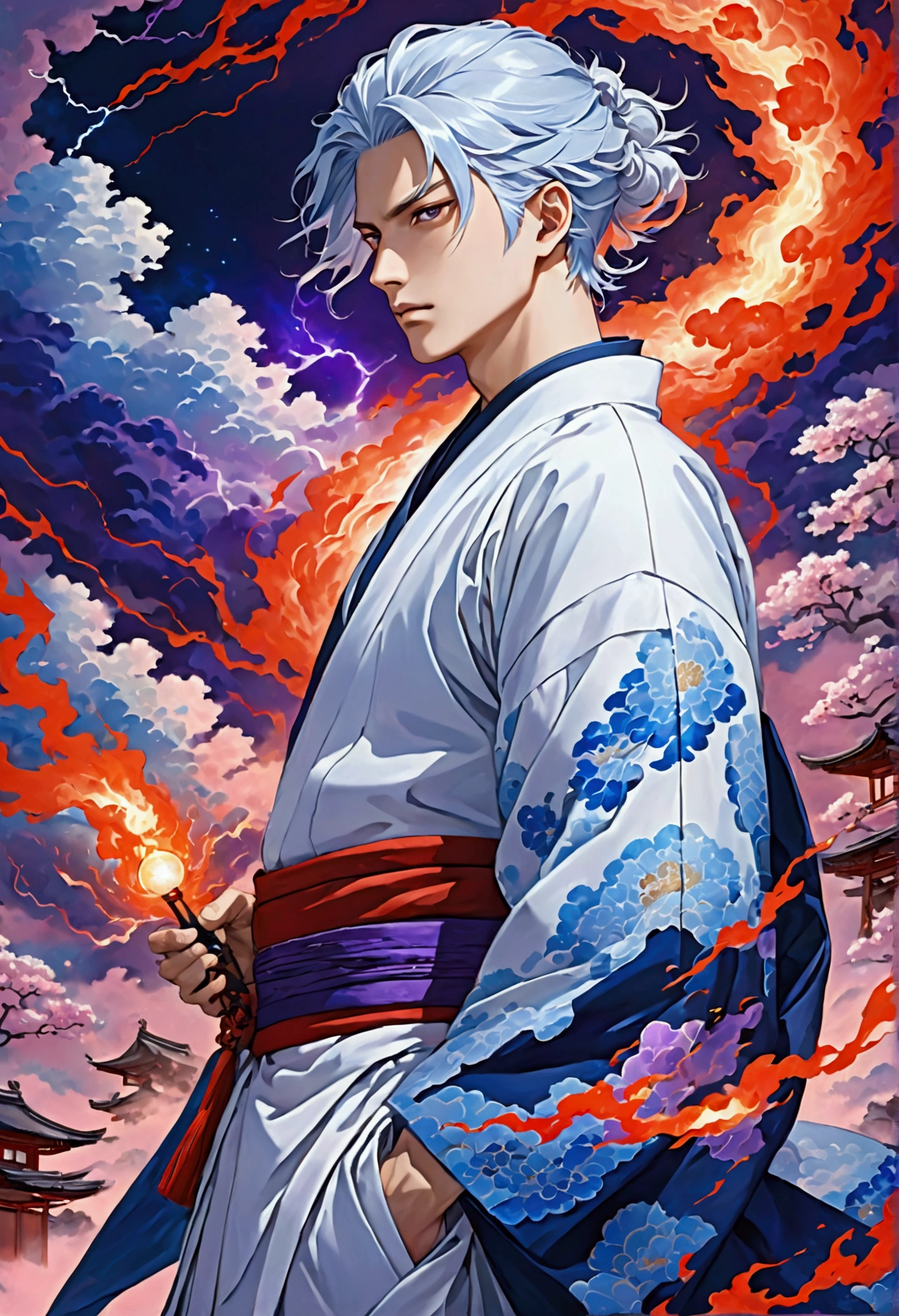 White hair and light blue hair White and navy blue kimono In the background, red and blue energy collide, creating purple lightning. male