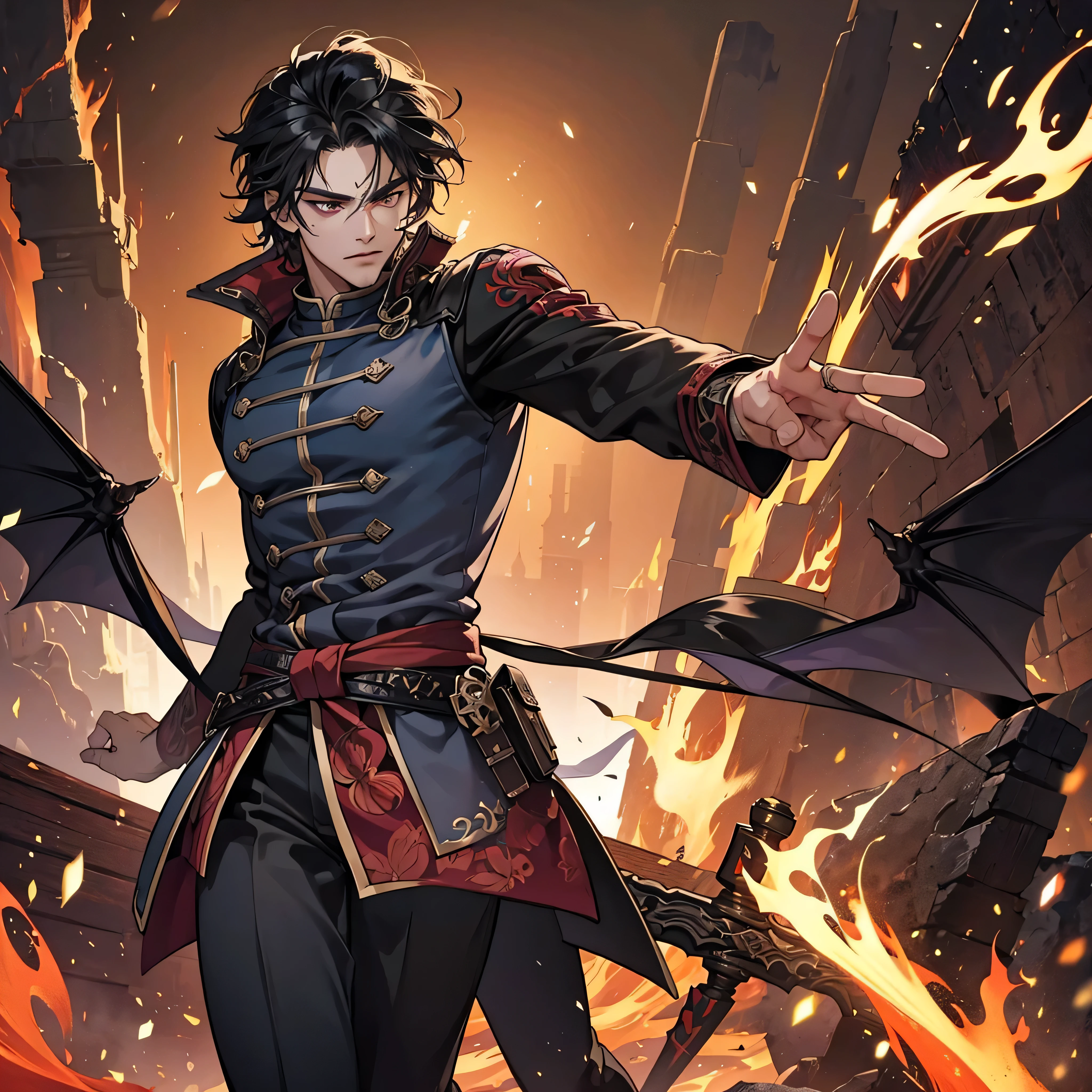 1 handsome demon slayer, weapon, manly, handsome, weapon, tattoo, flame, demon slayer, 8k, hd, unreal engine,