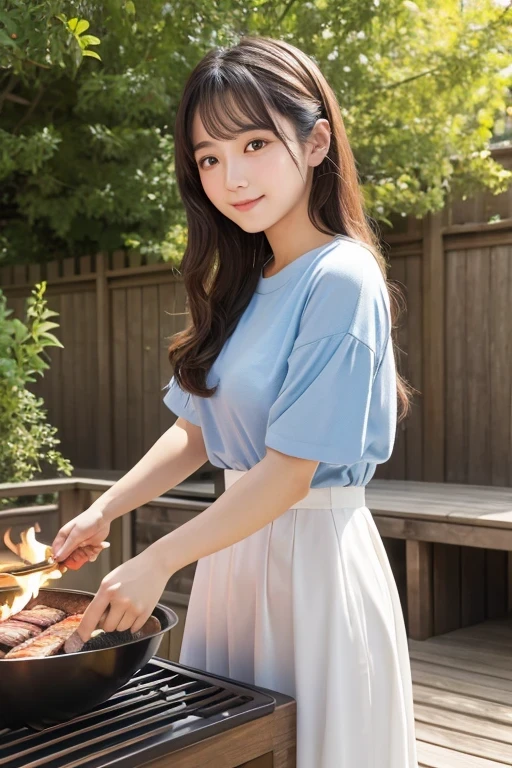 Produce the highest quality and highest resolution 8K images。Please draw the upper body of a 20 year old Japanese woman.。Please draw an image of people enjoying a barbecue in the garden.。She has brown eyes and a model-like figure、She has an idol-level cute face.。The hair is wavy。Clothes、I'm wearing a short-sleeved shirt。The skin is、It is a natural skin color。she、Looking at you with a smile。