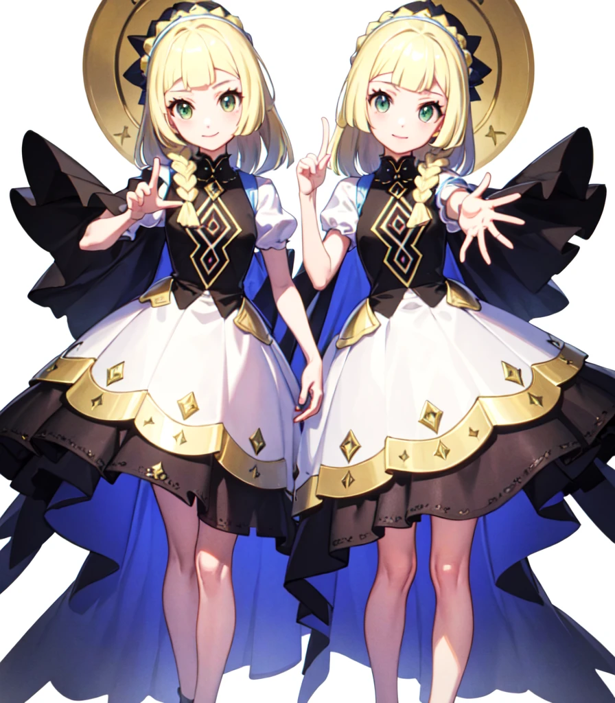 (Highest quality, masterpiece, Very detailedな, Very detailed, Exquisite, 16K,Full HD),(White Background:1.5),、smile、Lillie,No text,Please raise your right hand、Lower your left hand、Stand only on your right foot、Raise your left leg,(Detailed fingers),girl１people
