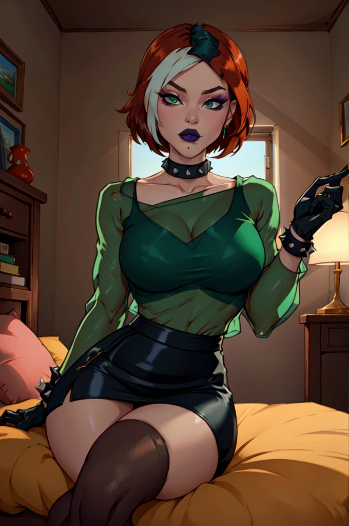 (masterpiece, best quality, absurdres, 4k, aesthetic, detailed, intricate, perfect lighting),sitting,bedroom,1girl, evolutionrogue, short hair, skirt, green shirt, gloves, pantyhose, multicolored hair, choker, black gloves, miniskirt, black skirt, collar, two-tone hair, see-through, makeup, lipstick, spikes, pencil skirt, spiked collar, black lips, dyed bangs, studded collar 