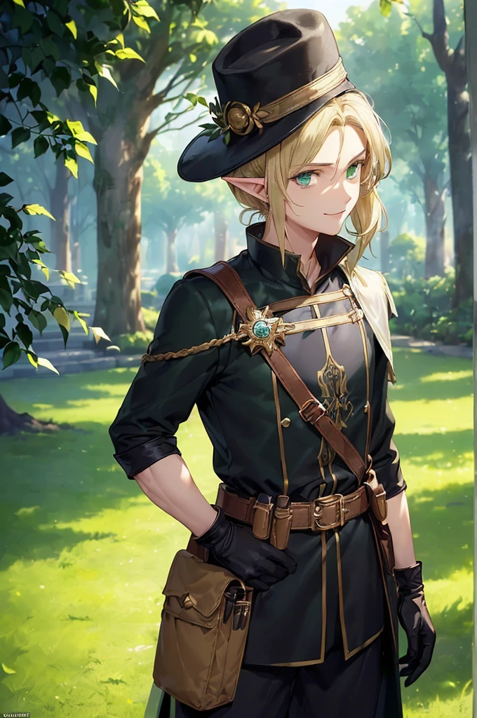 (((masterpiece; best quality: 1.2))), (finely detailed eyes: 1.3), (25 year old elf man), (solo), (green eyes: 1.4), (body; toned, fit, masculine: 1.3), (silky blonde hair in low ponytail: 1.3), (beautiful and clear background: 1.2), ((depth of field)), (equipment: adventurer garb + modest + elegant wide-brim hat + dark coat + light-colored tunic + dark long cape + black pants + gloves + belt + pouches: 1.3), (anime illustration: 1.2), (background composition; royal garden: 1.1), (extremely fine and handsome: 1.1), (shot composition; standing + centered on torso + close-up: 1.5), (expression; calm, smile: 1.2)