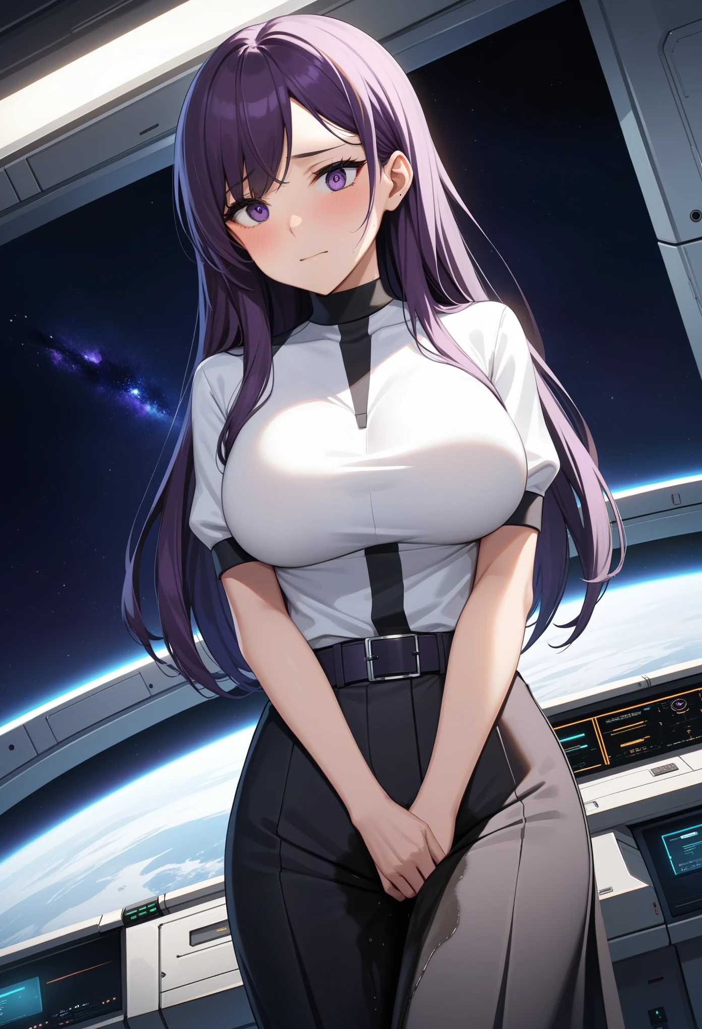 (high quality,Very detailed:1.37, High resolution), Woman, (mature:2.0), (Sakaki Yumiko:1.5), (very long hair:1.5), (dark purple hair:2.5), purple eyes, large breasts, military uniform, pants, (wetting herself:1.5), standing, (arms crossed:1.5), (embarrassed:1.5), (humiliation:1.5), (constricted pupils:1.5), (sweating:1.5), shaking, (trembling:1.5), (blushing:1.5), Meticulous details, (extremely detailed eys:1.37), space station, interior, science fiction, futuristic