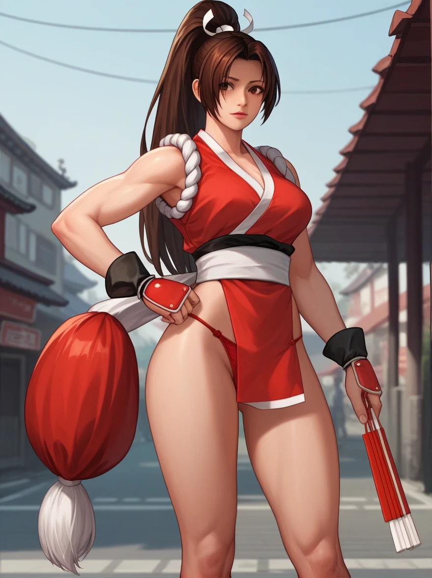 shiranui_mai, the_king_of_fighters, standing  BREAK score_9, score_8_up, score_7_up, score_6_up, score_5_up, score_4_up, red panty, (((old street background)))