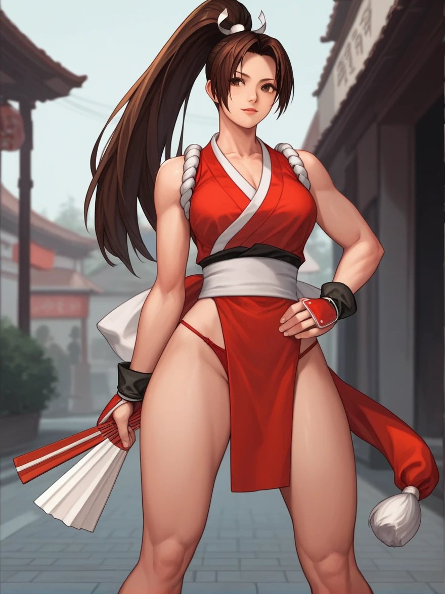 shiranui_mai, the_king_of_fighters, standing BREAK score_9, score_8_up, score_7_up, score_6_up, score_5_up, score_4_up, red panty, (((old street background)))