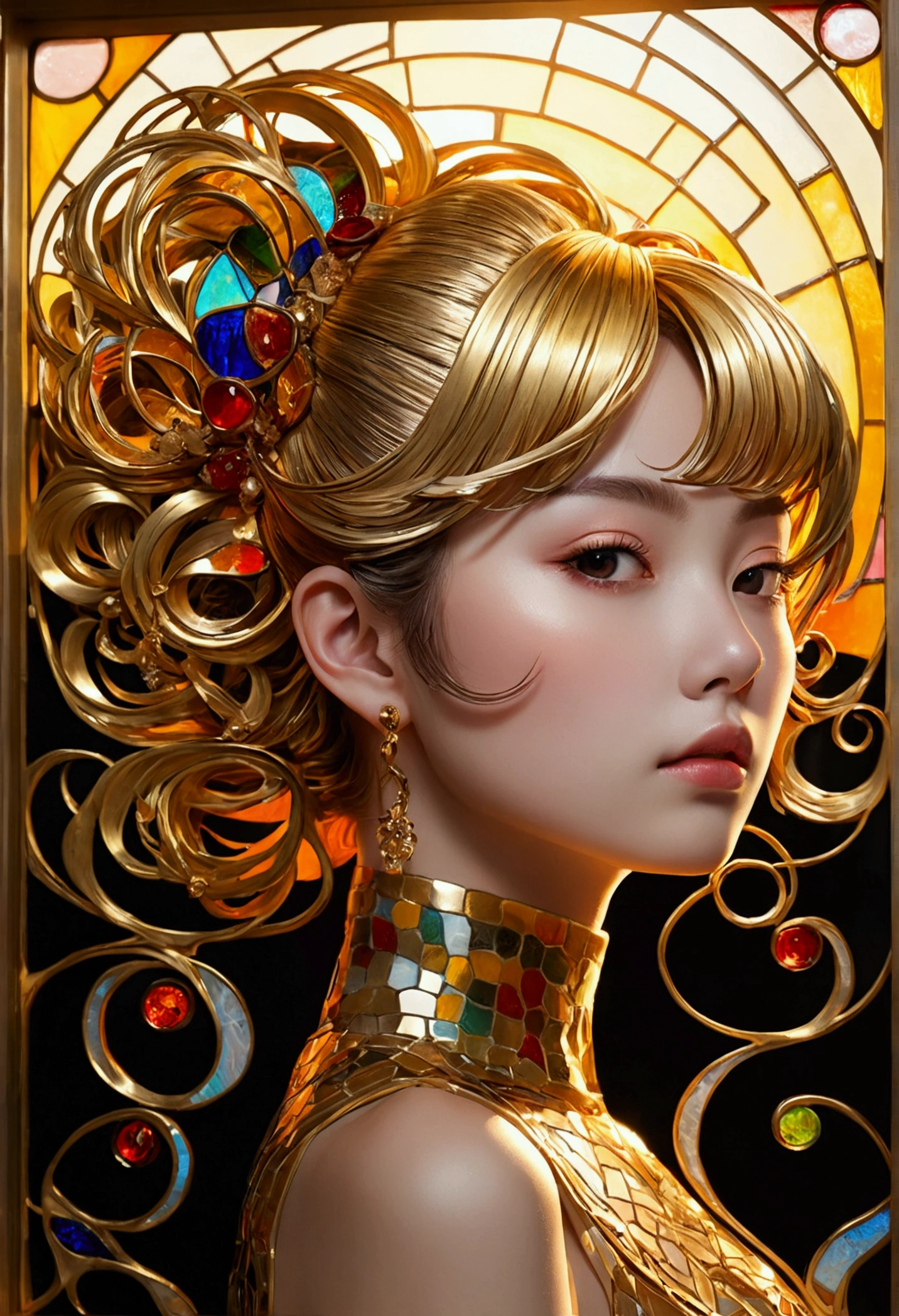 (masterpiece, Highest quality, Highest quality,Official Art, beautifully、Super Gold Hairstyle、aesthetic:1.2),(One girl:1.3), One girl BREAK stained glass art, Colored Glass, Lead wire, Light transmission BREAK Vivid colors, Intricate Design, Glowing effect, Spiritual atmosphere、Background abstract Japanese style