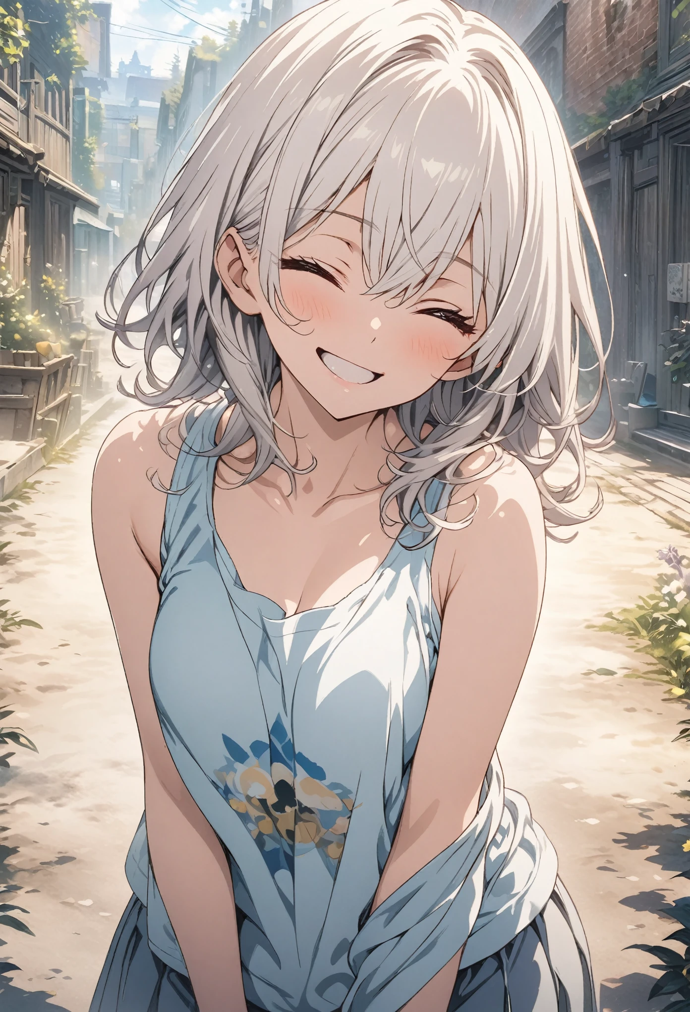 masterpiece, Highest quality, Highly detailed CG Unity 8K wallpapers, High School Girl Anime Illustration. Wear an oversized tank top、Standing in honorポーズをする、crossed armsポーズをする、she has her eyes closed and mouth open, smile. The background is a light pastel colored landscape.., white hair color, Yellow Eyes, Cowboy Shot、crossed armsポーズをして立っている猫