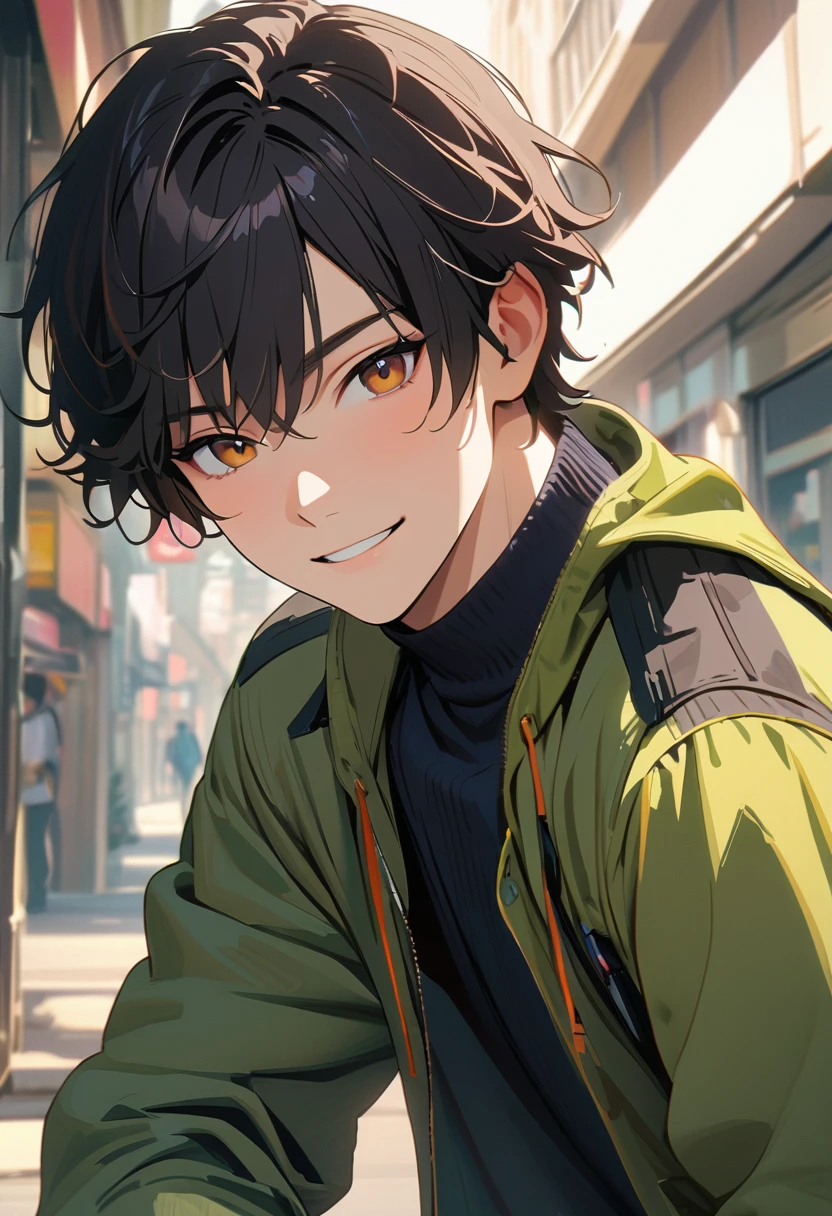 20 years old , modern, Verism, ((masterpiece)), textured skin, (super detail:1.2), best quality, 4K , A handsome man, black hair, short hair, light smile, happy