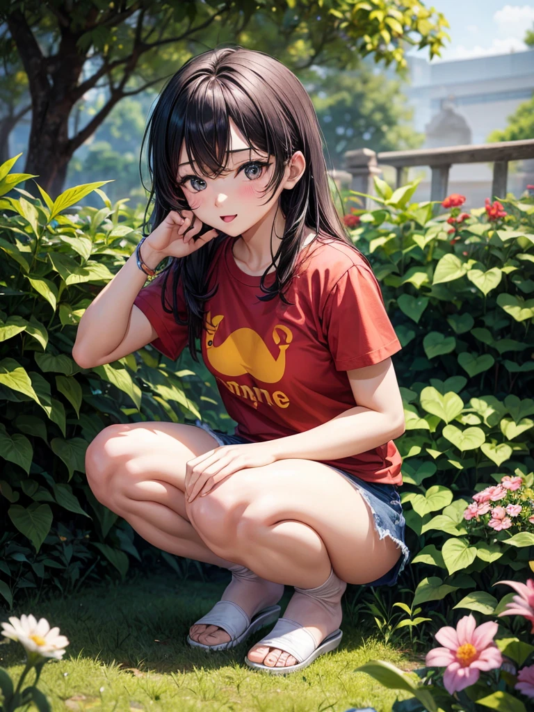 1girl, 20 yo, colorful Underwear, man t-shirt, Squatting, knees together, beautiful garden, กระโปรง เปิด มองเห็นกางเกงใน, กางเกงในสีขาว, กางเกงในรัดรูป, camel toe,