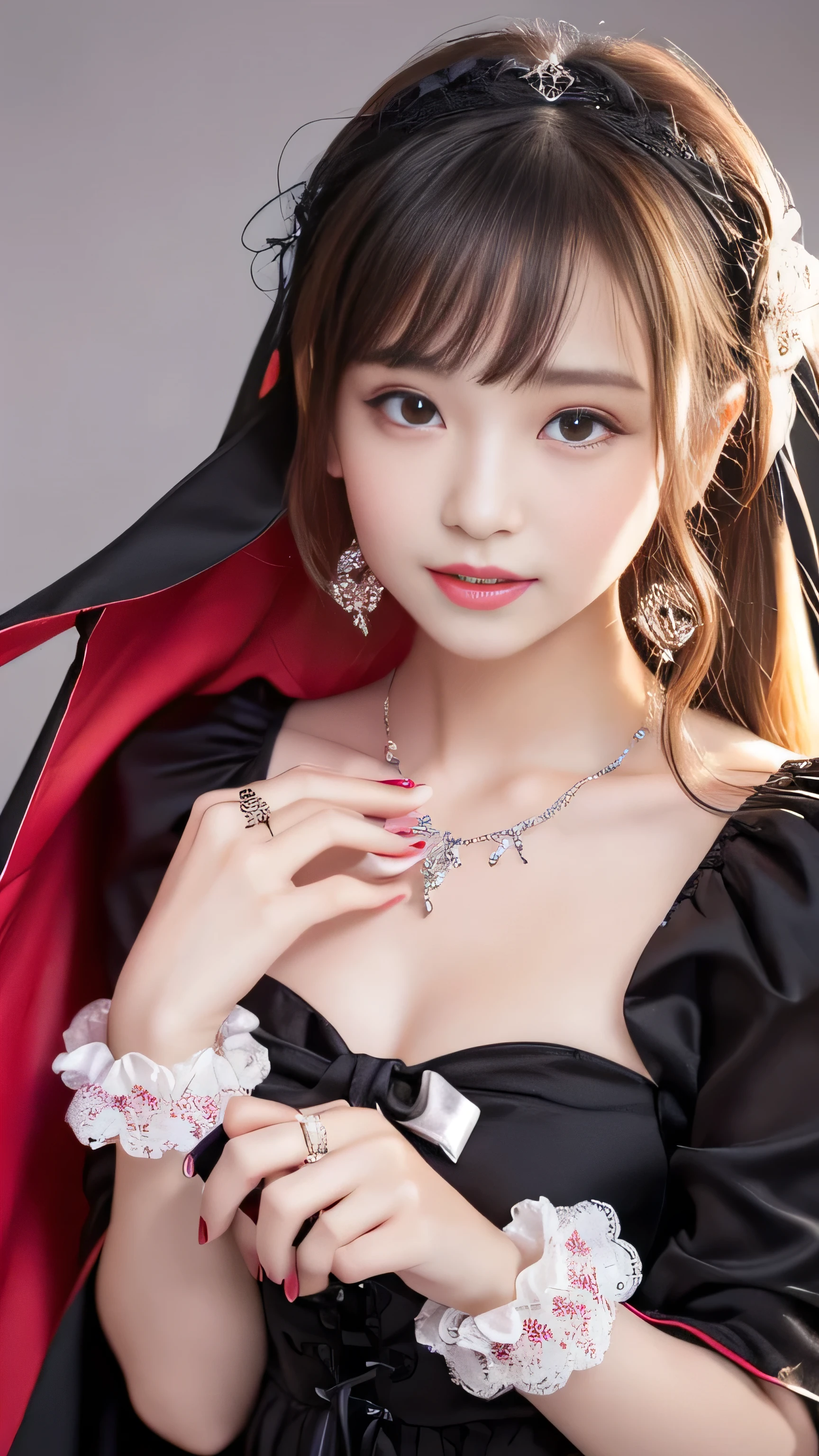 Create an ultra-cute and enchanting depiction of a Japanese female Dracula as a moe character, with detailed and adorable features.
Overall Appearance:
Height: Average height for a Japanese woman.
Body Type: Slim and cute, exuding elegance and a charming atmosphere.
Facial Features:
Skin: Translucent and smooth, with a healthy, glowing appearance.
Eyes: Large and sparkling, with enchanting colors like red or purple. Her gaze is soft and gentle, radiating a kind aura.
Eyelashes: Long and fluffy, enhancing her eye area.
Eyebrows: Thin and cute, giving her face a defined and charming expression.
Hair: Short silver hair, cut in a cute and stylish manner, with a silky smooth texture that catches the light beautifully.
Lips: Pink and plump, with small sharp fangs peeking through. Her smile is innocent and endearing.
Clothing:
Dress: Adorable dresses in black or red, adorned with frills and ribbons to emphasize her cuteness.
Cape: A small black cape or mantle, enhancing her cute and enchanting appearance.
Accessories: Sparkling jewelry and ribbons on her necklaces and rings, symbolizing her adorable charm.
Hands and Fingers:
Hands: Small and slender, with short pink-painted nails.
Fingertips: Soft and warm, adorned with small rings and bracelets.
Feet:
Shoes: Cute flat shoes or loafers, decorated with ribbons and frills.
Feet: Small and adorable, peeking from beneath her dress, adding to her charm.
Distinctive Elements:
Fangs: Small sharp fangs that look cute when she opens her mouth, symbolizing her vampire nature.
Scent: A faint, sweet scent indicating her presence.
Hypnotic Eyes: Her soft, gentle eyes have the power to mesmerize and comfort those who look into them.
Aura: A warm and gentle aura surrounds her, providing a sense of comfort and safety to those around her.