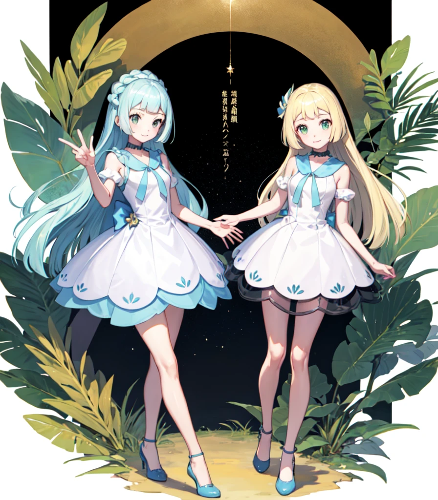 (Highest quality, masterpiece, Very detailedな, Very detailed, Exquisite, 16K,Full HD),(White Background:1.5),、smile、Lillie,No text,Please raise your right hand、Lower your left hand、Stand only on your right foot、Raise your left leg,(Detailed fingers),girl1people