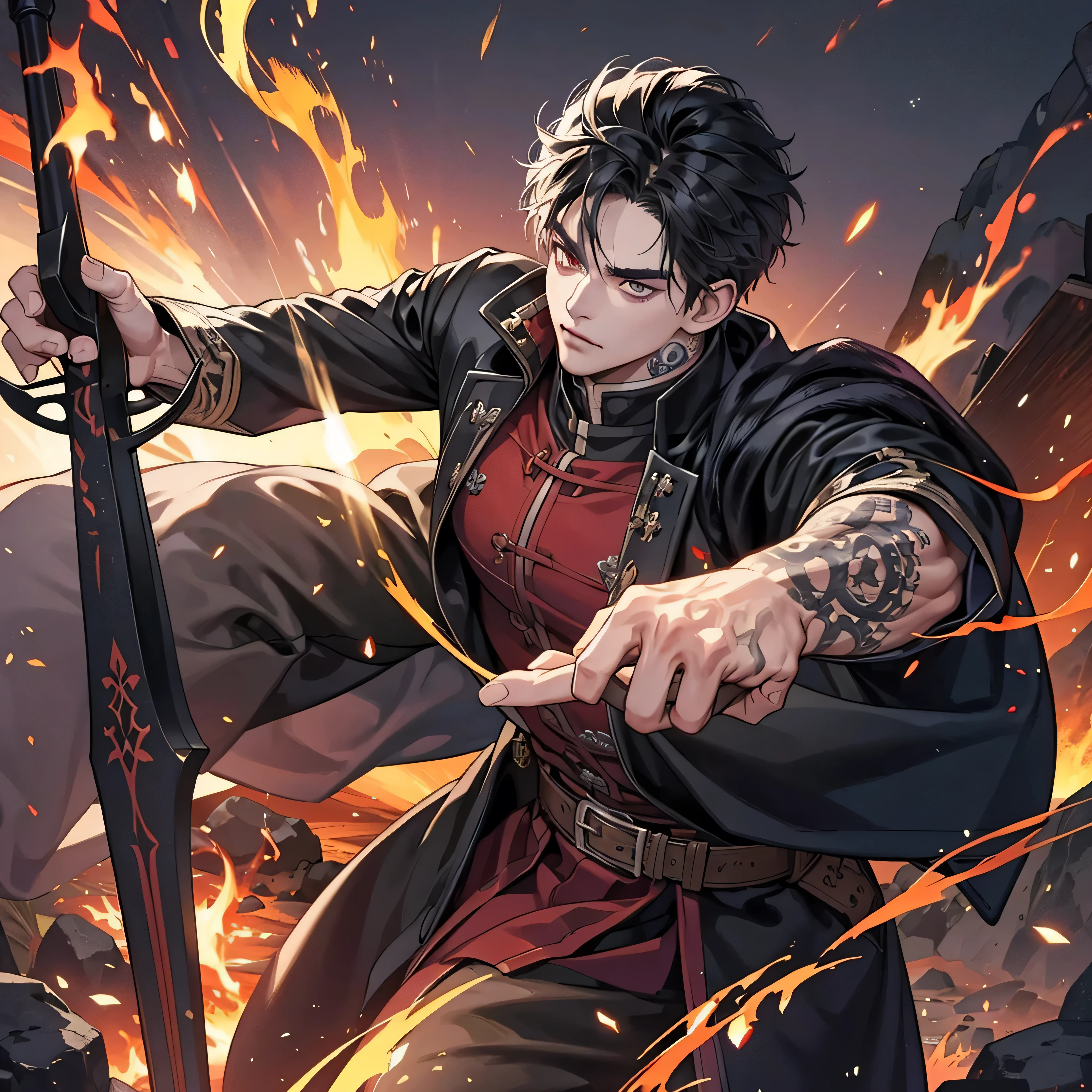1 handsome demon slayer, weapon, manly, handsome, weapon, tattoo, flame, demon slayer, 8k, hd, unreal engine,