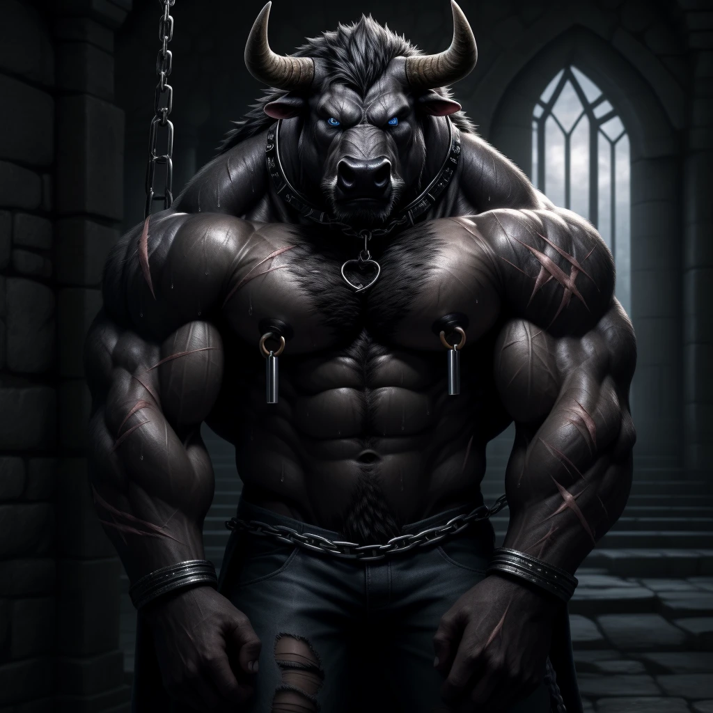 Sweating, muscular, Shirtless, dark castle, Anthropomorphic chest hair, Serious face(scars in the face) Mature (blue eyes)Huge muscular torn abs wild wearing nipple rings and collars prisoners collar linked to chains lock ambitious black bull 被铐住并悬在空中, Feet tied.{Wearing iron handcuffs}