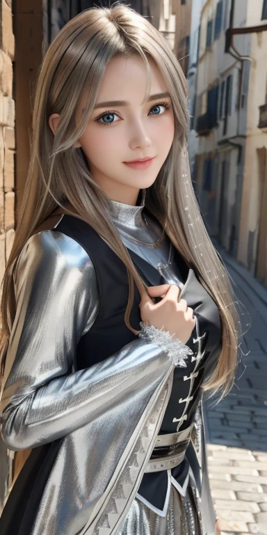 Realistic、Highest quality、Highest quality、masterpiece、Ultra-high resolution、RAW Photos、Realistic、Bright lighting、Face Light、Smooth Professional Lighting、Looking into the camera、alone、Adult female、Beautiful woman、Super Beauty、Realistic肌、Moisturized Skin、Realistic eyes and faces、Perfect model body shape、Beautiful Eyes、Big eyes、Inconspicuous tear bags、slim、Medium size big、Beautiful fingers、Long Hair、Blonde、black eye、looks happy、Cowboy Shot、(Both ears are covered by hair)、(((Black and silver witch costume)))、Fantasy World、Medieval European streets
