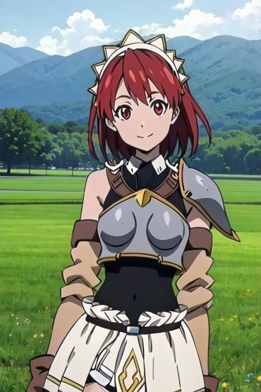 Cecily Campbell, armor, breastplate, white skirt, thighhighs, gloves, red hair, red eyes, 1girl, solo, facing viewer, looking at viewer, upper body, smile