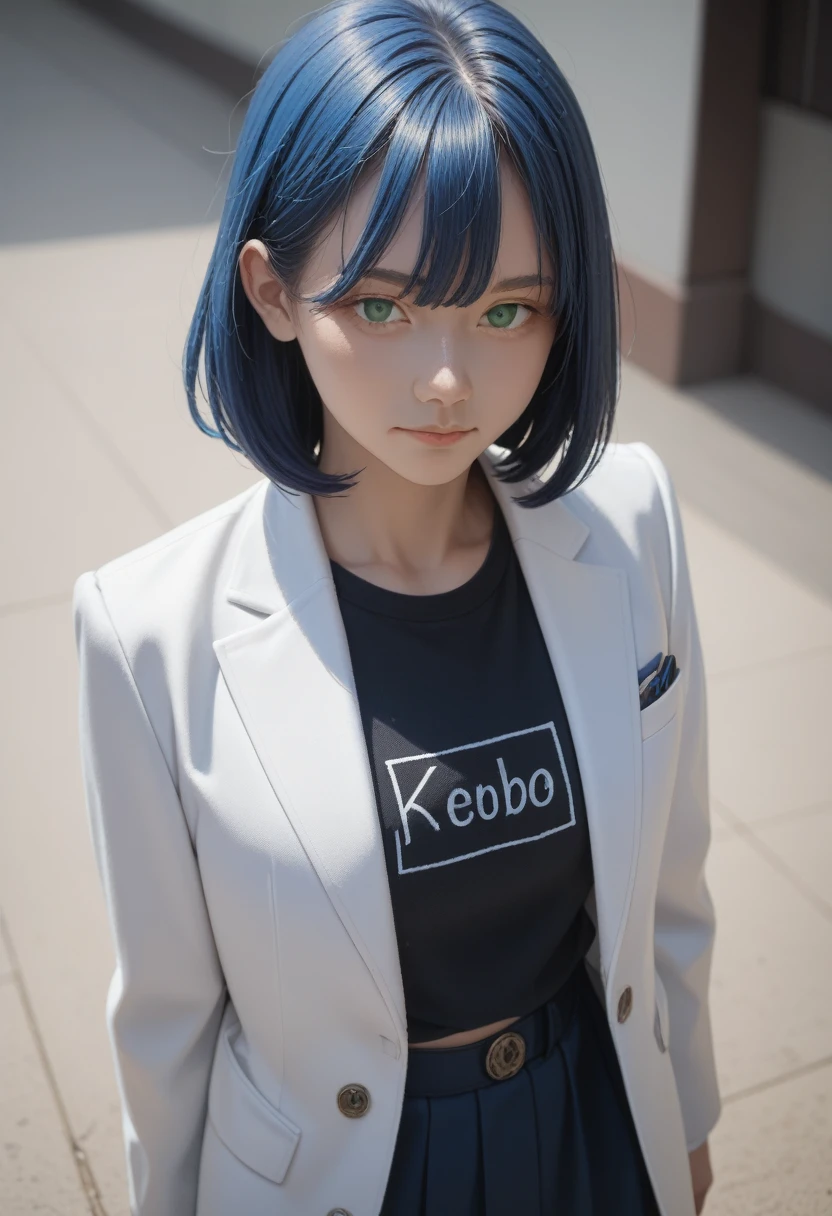 masterpiece, best quality, ((1 person)),Blue Hair,Green Eyes,Serious expression, Smile,Above the waist,Line Art,Medium Length Hair,White Blazer,Black T-shirt,Expressionless eyes,((Kubo Tite style))