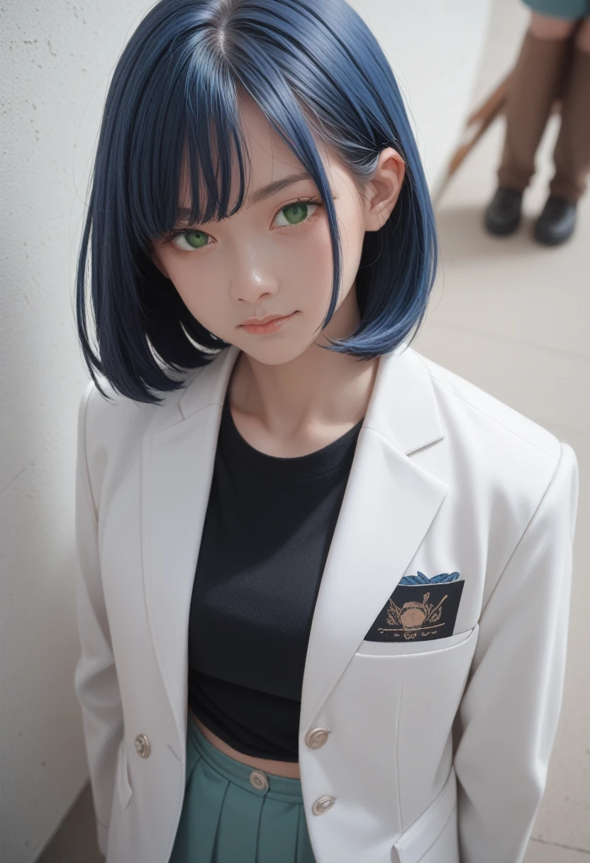 masterpiece, best quality, ((1 person)),Blue Hair,Green Eyes,Serious expression, Smile,Above the waist,Line Art,Medium Length Hair,White Blazer,Black T-shirt,Expressionless eyes,((Kubo Tite style))