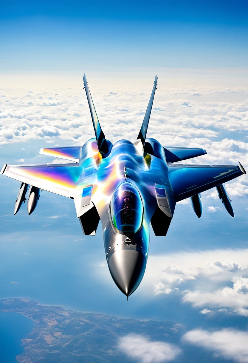 transparent and iridescent stealth fighter jet, blue sky, white clouds, 2.5D, delicate and dynamic