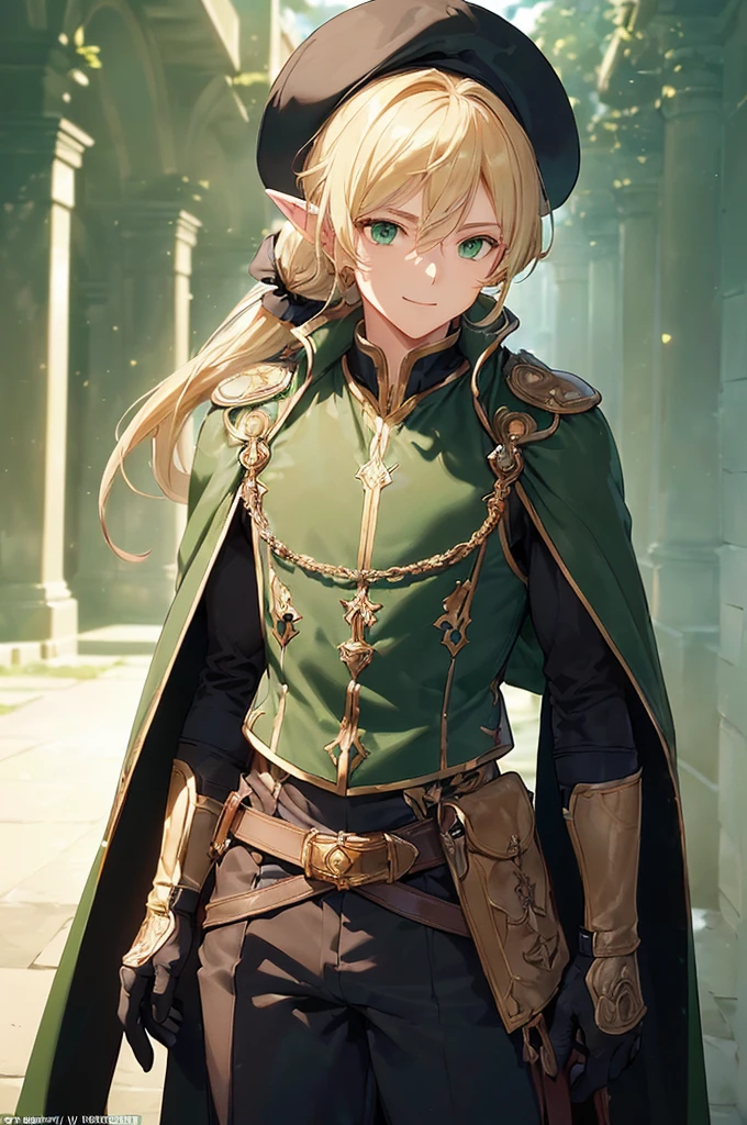 (((masterpiece; best quality: 1.2))), (finely detailed eyes: 1.3), (25 year old elf man), (solo), (green eyes: 1.4), (body; toned, fit, masculine: 1.3), (silky blonde hair in low ponytail: 1.3), (beautiful and clear background: 1.2), ((depth of field)), (equipment: adventurer garb + modest + elegant wide-brim hat + dark coat + light-colored tunic + dark long cape + black pants + gloves + belt + pouches: 1.3), (anime illustration: 1.2), (background composition; royal garden: 1.1), (extremely fine and handsome: 1.1), (shot composition; standing + centered on torso + close-up: 1.5), (expression; calm, smile: 1.2)