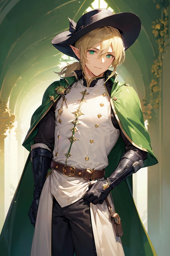 (((masterpiece; best quality: 1.2))), (finely detailed eyes: 1.3), (25 year old elf man), (solo), (green eyes: 1.4), (body; toned, fit, masculine: 1.3), (silky blonde hair in low ponytail: 1.3), (beautiful and clear background: 1.2), ((depth of field)), (equipment: adventurer garb + modest + elegant wide-brim hat + dark coat + light-colored tunic + dark long cape + black pants + gloves + belt + pouches: 1.3), (anime illustration: 1.2), (background composition; royal garden: 1.1), (extremely fine and handsome: 1.1), (shot composition; standing + centered on torso + close-up: 1.5), (expression; calm, smile: 1.2)