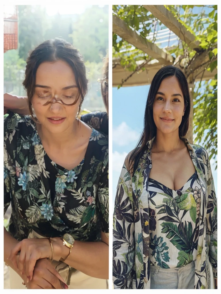 Create an image of this lady walking next to this woman in a garden where they are both happy