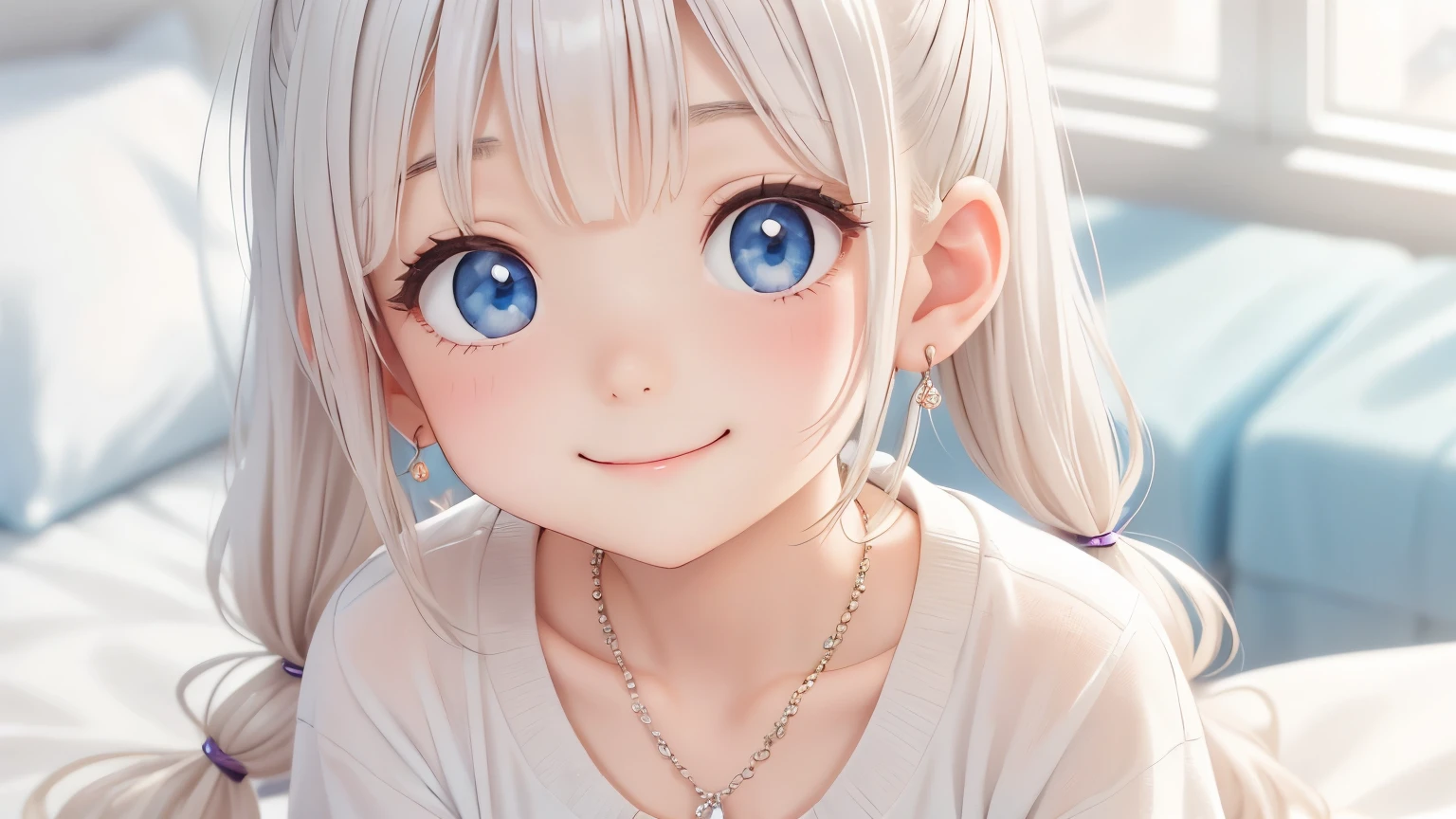 Earrings、necklace、Beautiful glowing white skin,、 bright, Refreshing and gentle look, Perfect beautiful pretty face, Shiny platinum blonde straight long hair reaching down to her waist, Beautiful shiny bangs, ((Very beautiful and beautiful4Year old girl)), eyeliner, so perfect and beautiful, Big clear sky blue eyes, bright eye highlights, Baby Face、Cute smile、Long eyelashes、Fluffy pajamas、Looking down on a young girl from above、Pigtails、