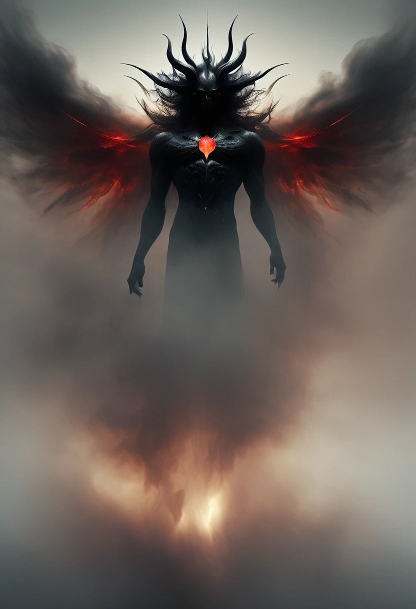 abstract and surreal depiction of a pride demon is made from smoke and haze, the demon has large, eagle-like wings, its eyes sparkle with arrogance, The demon’s limbs are long and slender, exuding confidence and authority, (low saturation), (faded color) palette is monochrome color, a little gold and vibrant red, with intricate, soft yet sharp lines to, featuring dark, ominous tones ,mystical atmosphere, basic background, (minimilism), dim,