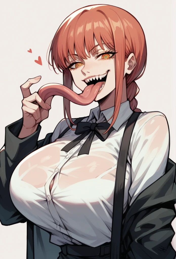 Makima from Chainsaw man, Chainsaw Man ar tstyle, open mouth, giant tongue, huge breasts, smug grin