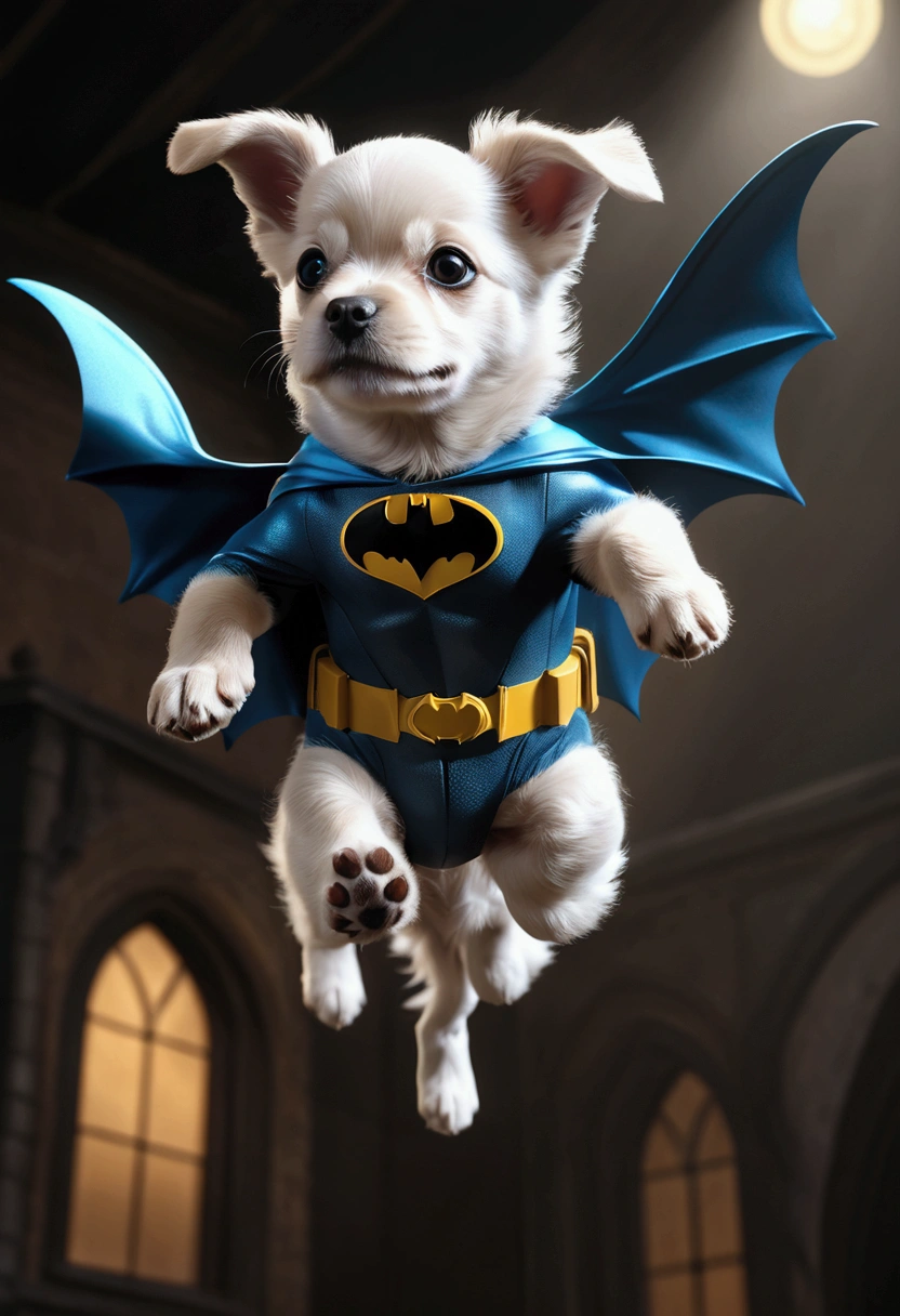 A picture of a Flying puppy in a Batman costume, on a dark background,cute,fluffy,digital graphics,fantasy,perfect composition,octane rendering,masterpiece,sharp focus,high detail,perfect composition,an example of ultra-high quality and clarity,perfect play of light and shadow,32k UHD,hyper-detailing,hyper-realistic, full body, cinematic still, (best quality, masterpiece), very aesthetic, perfect composition, intricate details, ultra-detailed, vivid colors