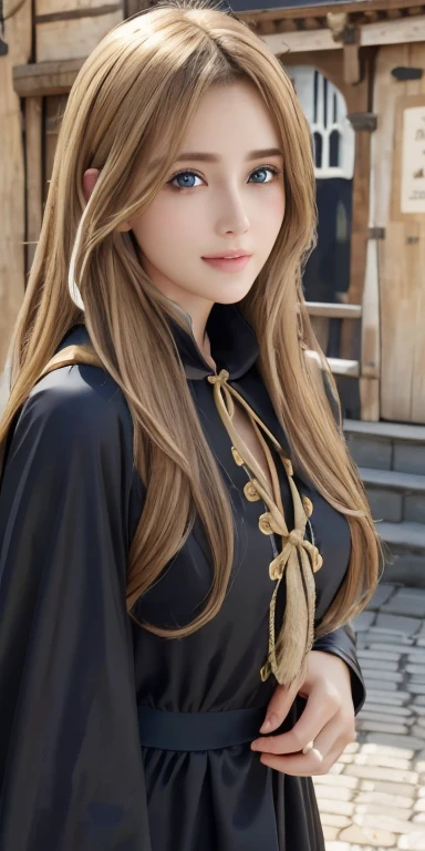 Realistic、Highest quality、Highest quality、masterpiece、Ultra-high resolution、RAW Photos、Realistic、Bright lighting、Face Light、Smooth Professional Lighting、Looking into the camera、alone、Adult female、Beautiful woman、Super Beauty、Realistic肌、Moisturized Skin、Realistic eyes and faces、Perfect model body shape、Beautiful Eyes、Big eyes、Inconspicuous tear bags、slim、Medium size big、Beautiful fingers、Long Hair、Blonde、black eye、looks happy、Cowboy Shot、(Both ears are covered by hair)、(((Witch Costume)))、Fantasy World、Medieval European streets