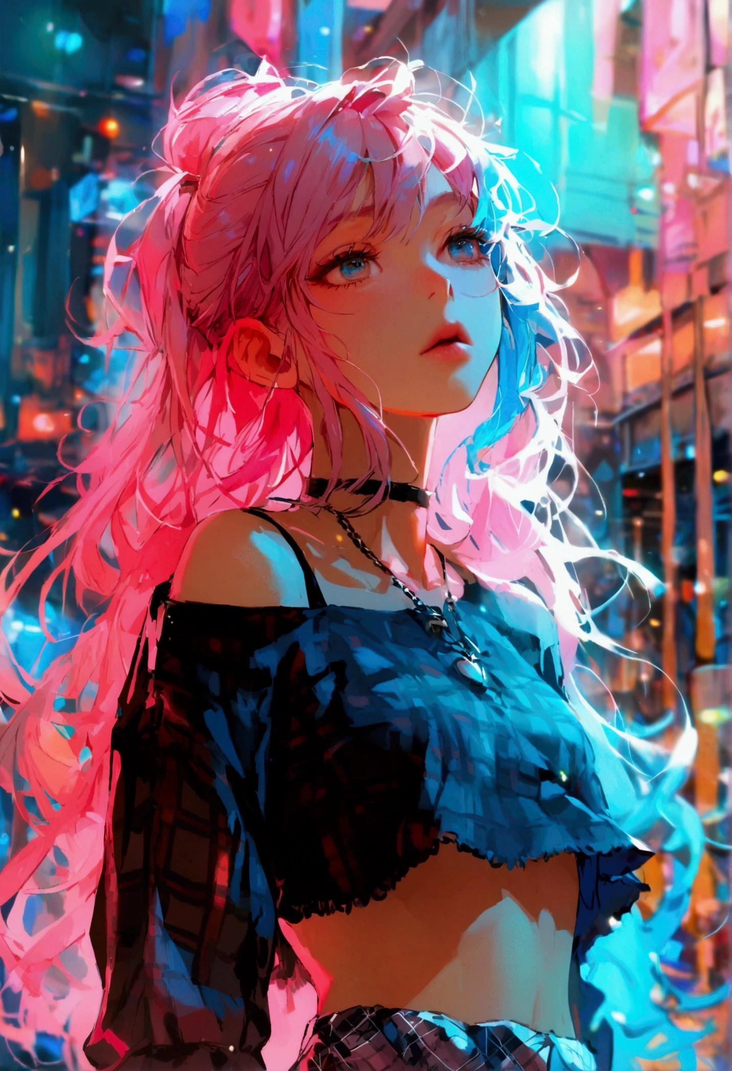 Girl with pink black and blue hair wearing a black crop top and a flannel pattern skirt