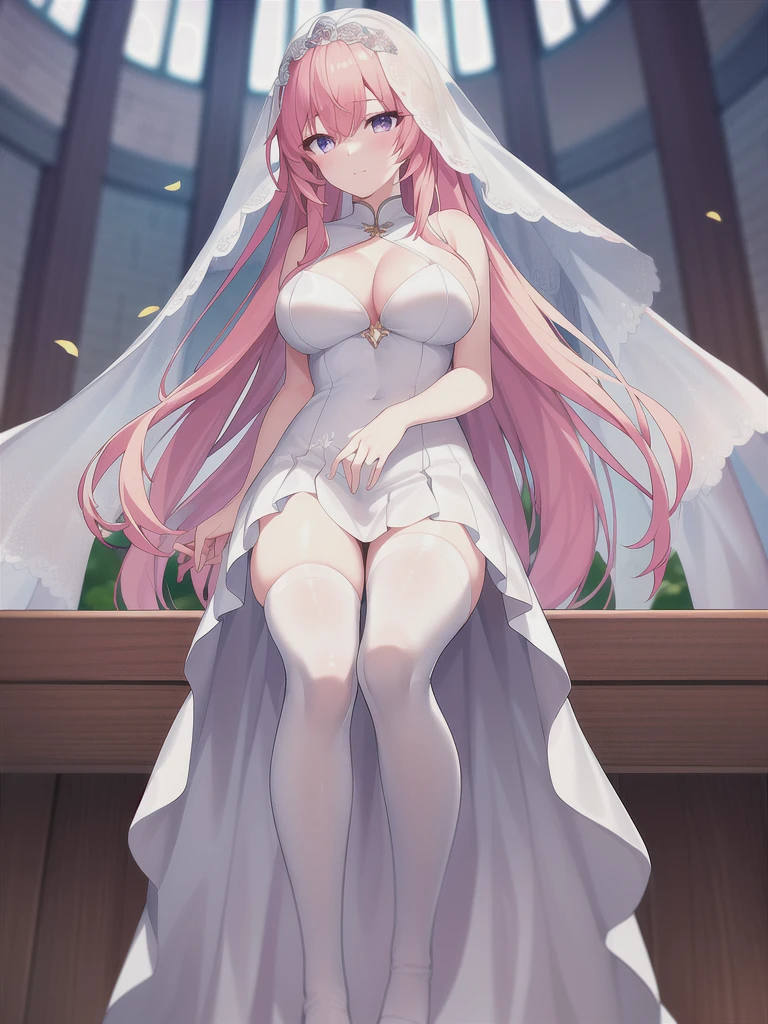 A girl，Long hair, Bangs, Pink Hair, Hair between the eyes, s eyes，蓝色s eyes:（1.5),  (Large Breasts:1.2), 
rest  锁骨, Wedding dress，veil，wedding，White Dress，Flowers，The skirt is broken，White socks，Tights，White knee socks，
Looking at the audience, whole body,
indoors, church，permanent，permanent，
rest (masterpiece:1.2), best quality, high resolution, Unity 8K wallpaper, (illustration:0.8), (美丽细致s eyes:1.6), Extremely detailed face, Perfect lighting, Extremely detailed CG, (Perfect hands, Perfect anatomical structure),