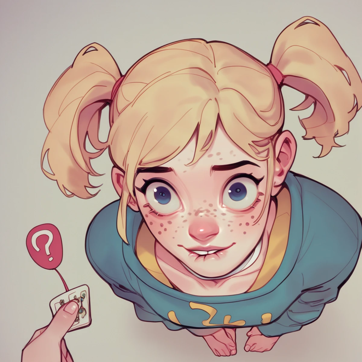 punctuation_9,punctuation_8_High above,punctuation_7_High above,punctuation_6_High above,punctuation_5_High above,punctuation_4_High above, 1 girl, Bela , hair blonde, em twintails, cabelo High above de 1 olho, cute nose. biting your lip, seducer, white choker, pink lips, freckles, 比基尼