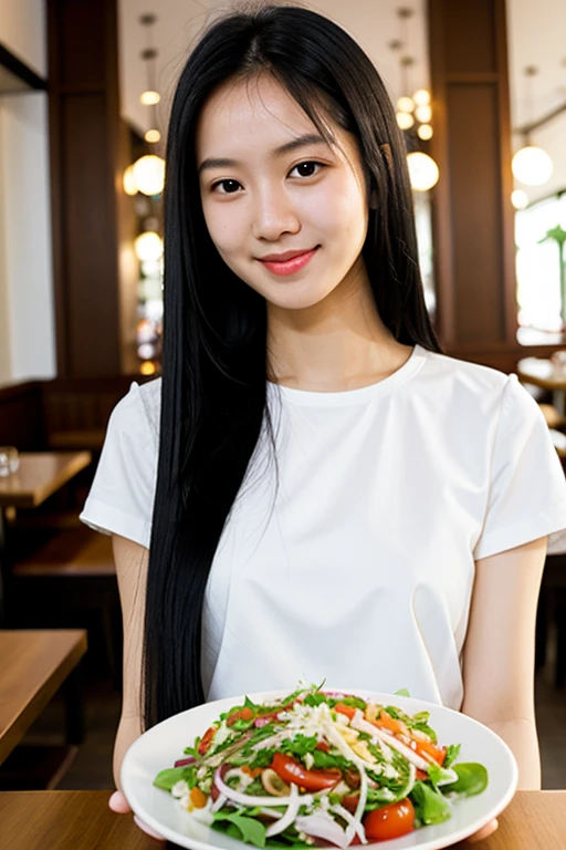 Woman white skin very long straight black hair , in salad restaurant