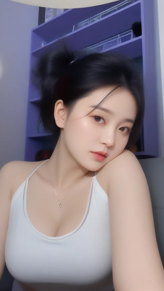 close-up of beautiful korean female, 34 inch breasts size, wearing tank top, necklace, sitting on the blue sofa, bokeh background, UHD