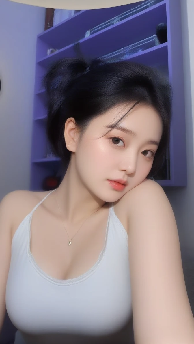 close-up of beautiful korean female, 34 inch breasts size, wearing tank top, necklace, sitting on the blue sofa, bokeh background, UHD