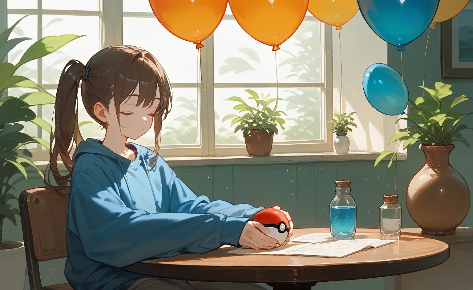 1 ，Brown side ponytail，Close your eyes，Loose dark blue sweatshirt，trousers，Long sleeve，，Holding a Pokémon Ball，sit on the chair，sleep，Small round table，vase，Colorful balloons in the room，window，Large area of blank