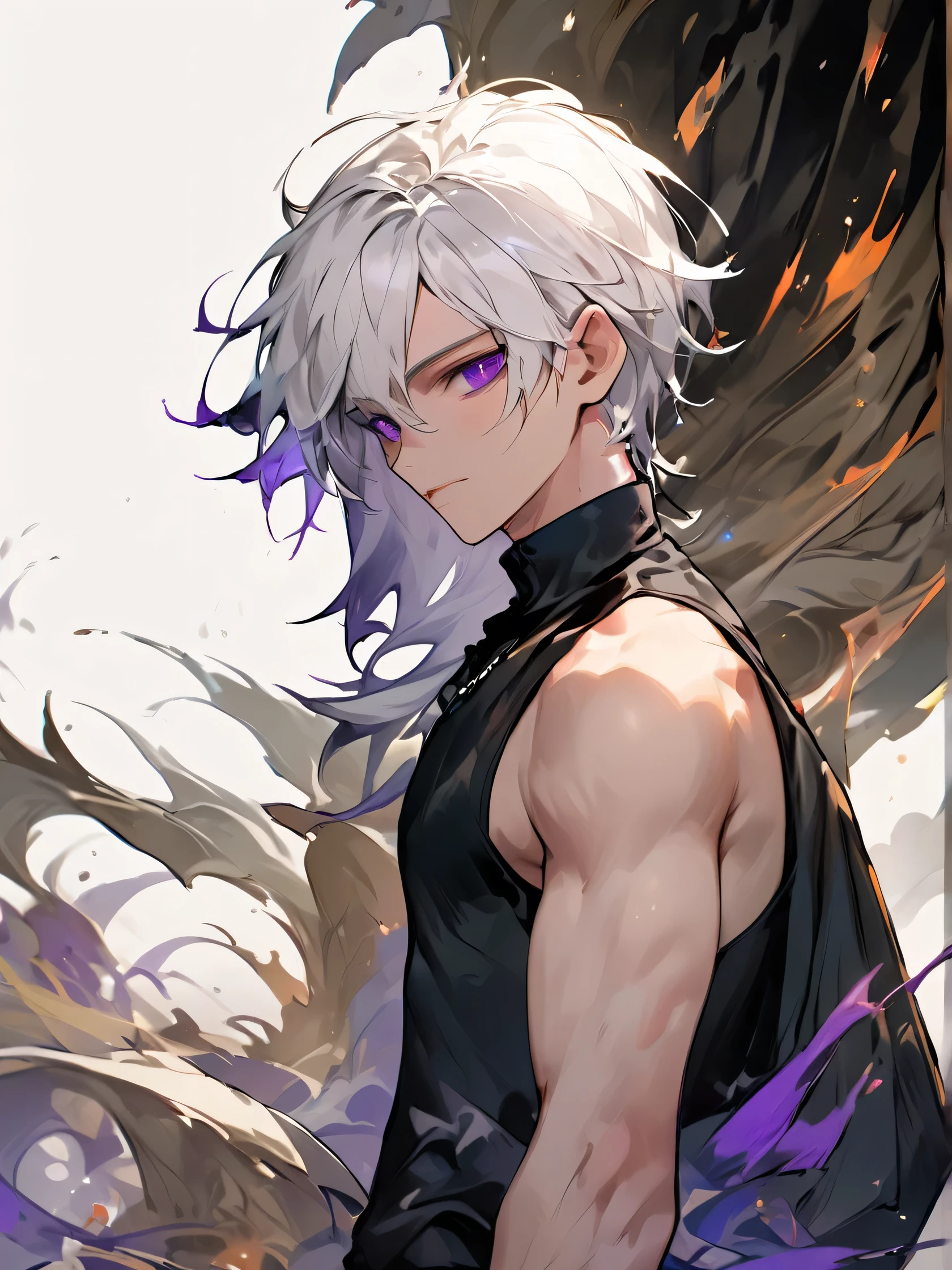 ((8k resolution masterpiece)) 1male, full body art, anime, Young adult, midnight purple eyes, wild short white hair, mid length white hair, defined dody, slim toned, light skin, casual expression, black tank top, black cargo pants, 