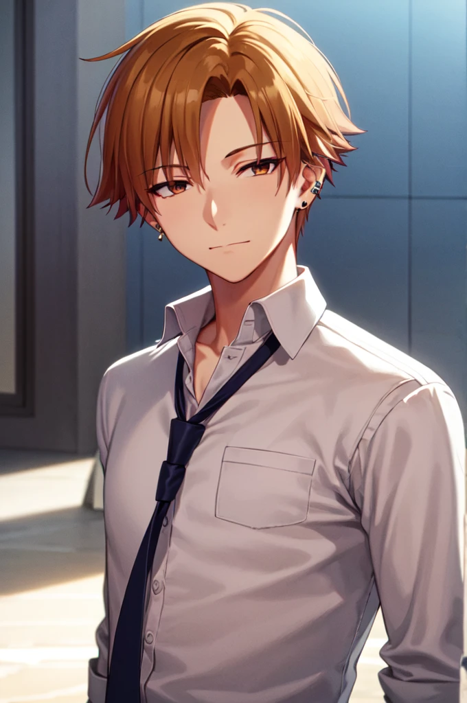 Masterpiece, best quality, 1boy, upper body, necktie, ((ear piercing)), closed mouth, simple backround, blonde hair, short hair, brown eyes, looking at viewer, face, smirk
