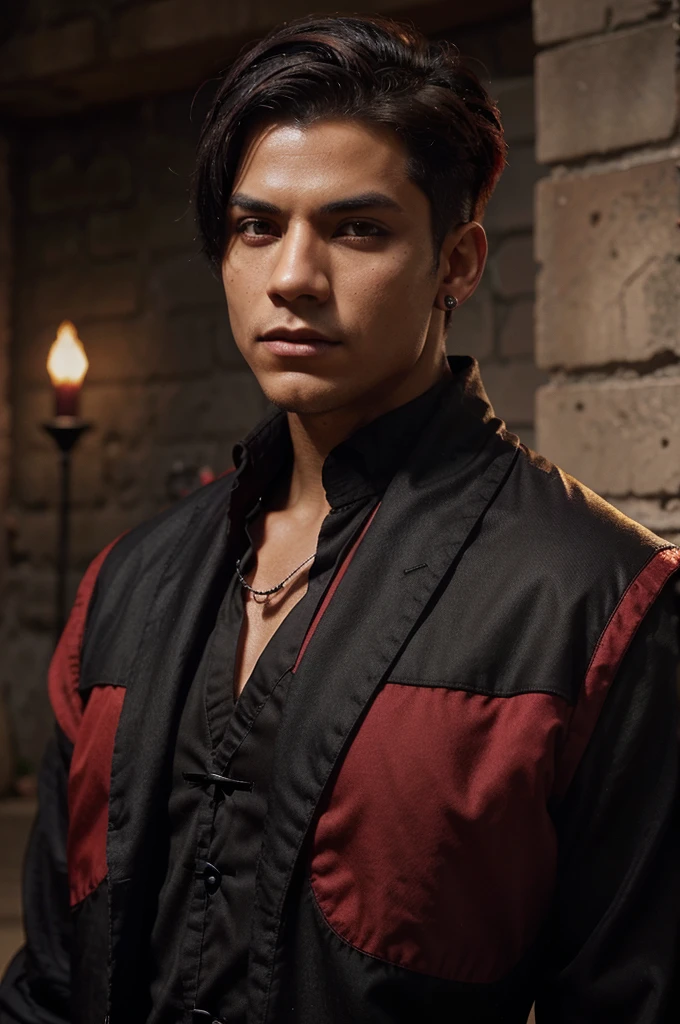 generates a sorcerer man of dnd of Latin origin with mulatto skin, with short hair on the sides and side hairstyle, with black hair with dark red highlights,with dominant colors of clothing: dark red and black, eye color: el dark red and black, whose powers are based on the control of blood and shadows
