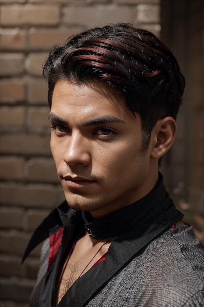 generates a sorcerer man of dnd of Latin origin with mulatto skin, with short hair on the sides and side hairstyle, with black hair with dark red highlights,with dominant colors of clothing: dark red and black, eye color: el dark red and black, whose powers are based on the control of blood and shadows