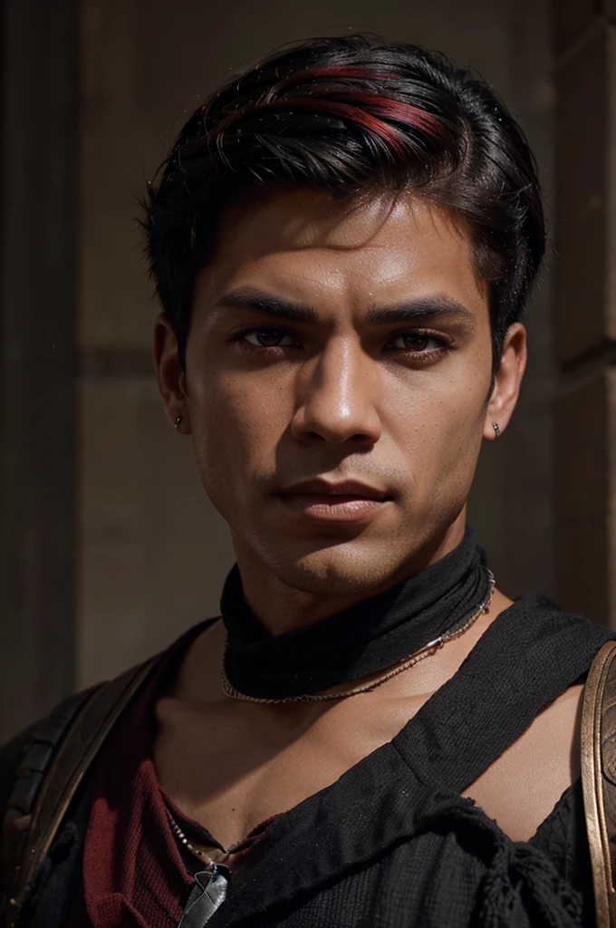 generates a sorcerer man of dnd of Latin origin with mulatto skin, with short hair on the sides and side hairstyle, with black hair with dark red highlights,with dominant colors of clothing: dark red and black, eye color: el dark red and black, whose powers are based on the control of blood and shadows
