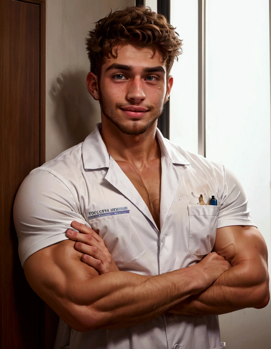 Medium shot,Medicine student,Cross your arms over your chest, cool , masculine,big muscle, 22 year old,tan skin,(messy brown hair),soft facial hair,handsome , in university ,confidence,smirk,Cheeky face, sticking out tongue