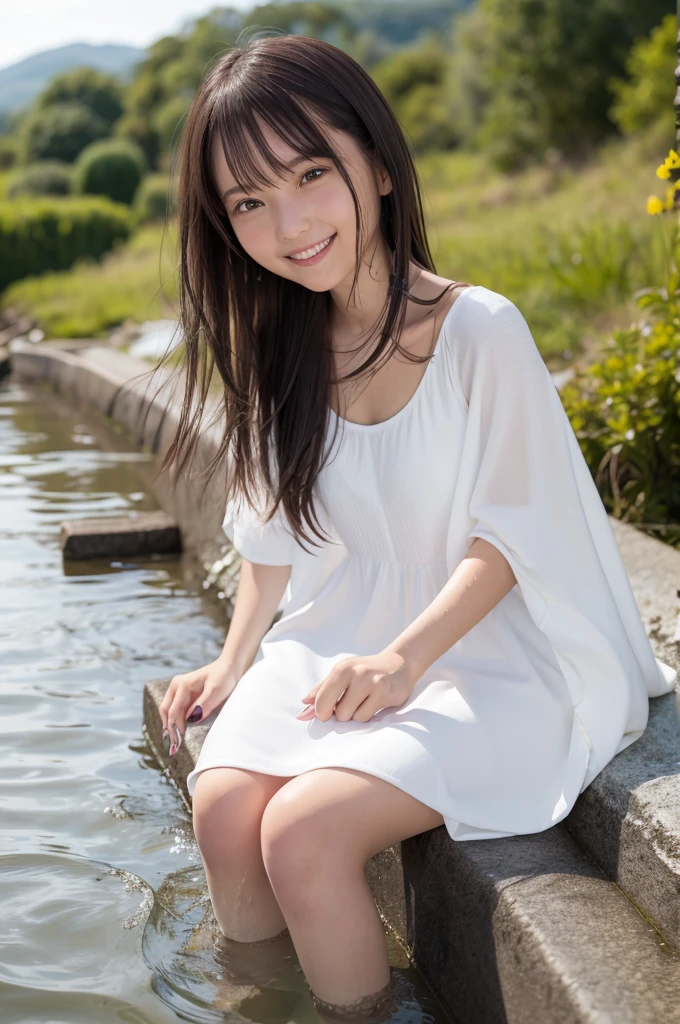 A girl wearing a white dress is bathing in the river, getting wet, having fun, no make-up, rural scenery, sunset,smile、smile