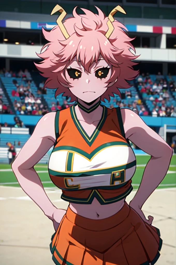 mina ashido, 1girl, solo, looking at viewer, short hair, simple background, yellow eyes, pink hair, horns, colored skin, colored sclera, black sclera, pink skin, U.A. CheerUniform, orange skirt, cheerleader, perfect shading, bare shoulders, big breasts