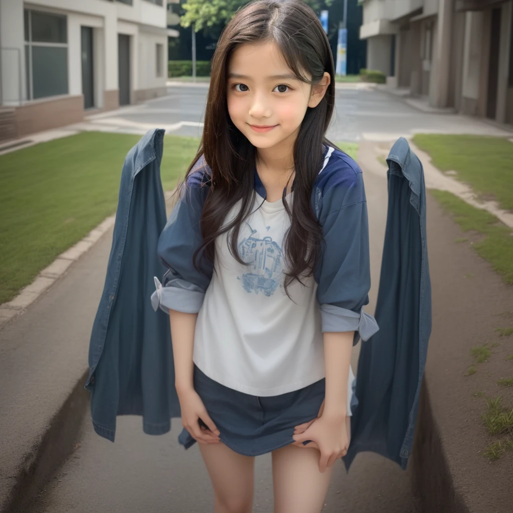 A man in a blue shirt、Close-up of young girl with long hair, Nam Jae-yeon, Cute young girl, xintong chen, yanjun chengt, wenfei ye, Young cute pale Asian face, xision wu, li zixin, Young cute girl, Young Asian Girl, yun ling, With a cute and delicate face, Girl Cute - Delicate Face,Standing on the grass,Big white legs and thin feet without shoes
