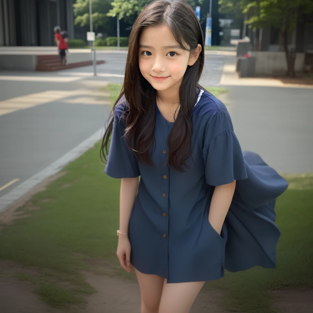 A man in a blue shirt、Close-up of young girl with long hair, Nam Jae-yeon, Cute young girl, xintong chen, yanjun chengt, wenfei ye, Young cute pale Asian face, xision wu, li zixin, Young cute girl, Young Asian Girl, yun ling, With a cute and delicate face, Girl Cute - Delicate Face，Standing on the grass，Big white legs and thin feet without shoes