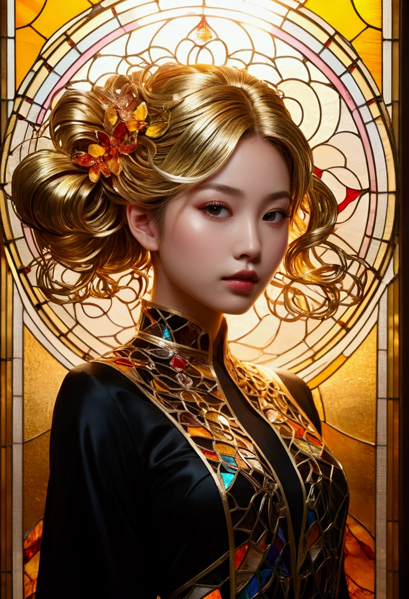 (masterpiece, Highest quality, Highest quality,Official Art, beautifully、Super Gold Hairstyle、aesthetic:1.2),(One girl:1.3), One girl BREAK stained glass art, Colored Glass, Lead wire, Light transmission BREAK Vivid colors, Intricate Design, Glowing effect, Spiritual atmosphere、Background abstract Japanese style