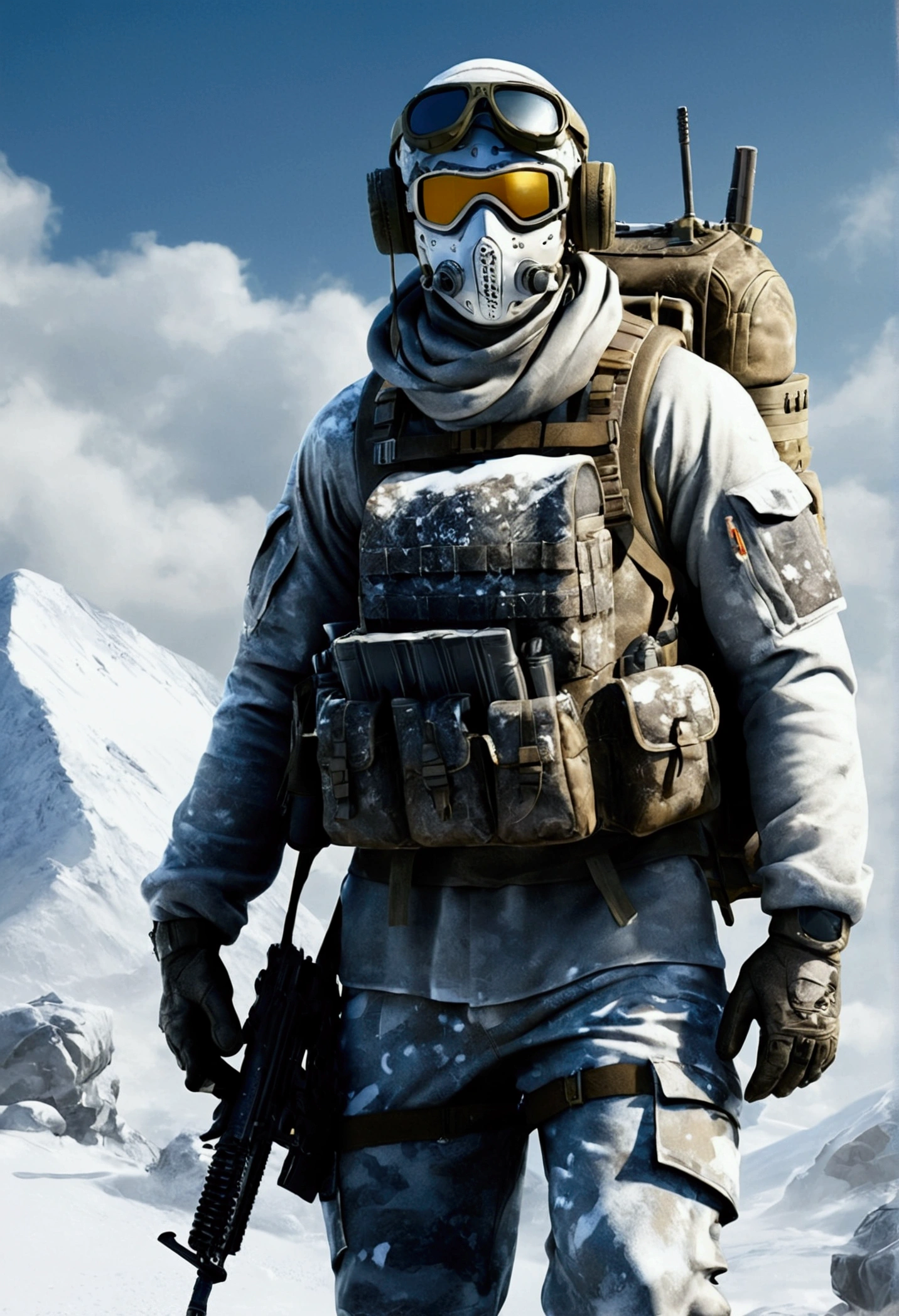 The character stood on the top of the hill, ready for battle. The inscription glowed above his head "FrostLegend". He was wearing camouflage uniform, ideal for winter conditions, with white and gray spots, merging with the snow around. He had a mask on his face, hiding his expression, leaving only the eyes - cold and determined. A backpack hung on his back, full of essential survival items, and in his hands he was holding a machine gun, ready for battle. All his movements were confident and precise, like an experienced fighter.
