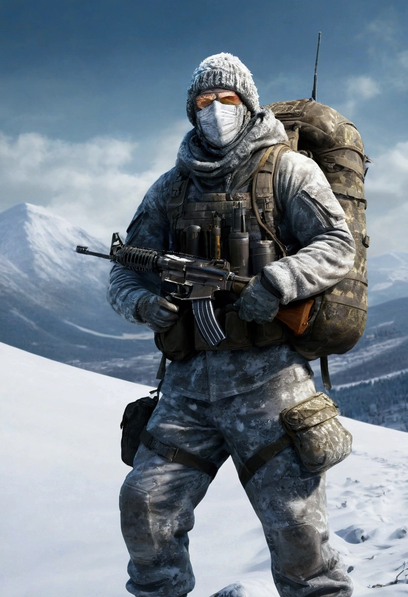 The character stood on the top of the hill, ready for battle. The inscription glowed above his head "FrostLegend". He was wearing camouflage uniform, ideal for winter conditions, with white and gray spots, merging with the snow around. He had a mask on his face, hiding his expression, leaving only the eyes - cold and determined. A backpack hung on his back, full of essential survival items, and in his hands he was holding a machine gun, ready for battle. All his movements were confident and precise, like an experienced fighter.